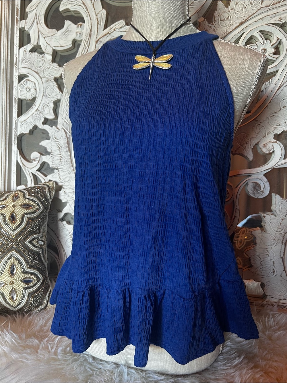 W5 Royal Blue Textured Ruffle-Hem Tank